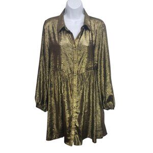 Boho 72 Metallic Gold Button‑Front Tunic Dress S